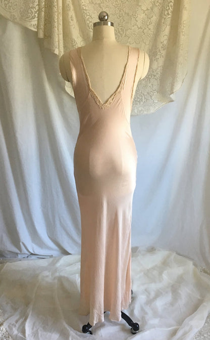 Vintage 1930's Nightgown | Sheer Rose Gold Pink Silk with Monogram & Lace | Size XS, S - Daggers & Dames