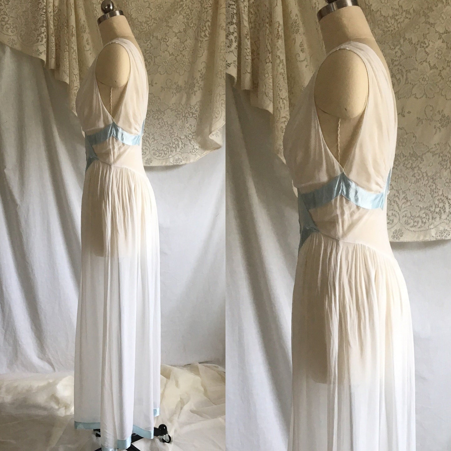 Vintage 1930's Nightgown | Sheer White Rayon Chiffon with Light Blue Satin Ribbon | Size XS, S - Daggers & Dames