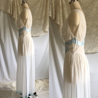 Vintage 1930's Nightgown | Sheer White Rayon Chiffon with Light Blue Satin Ribbon | Size XS, S - Daggers & Dames