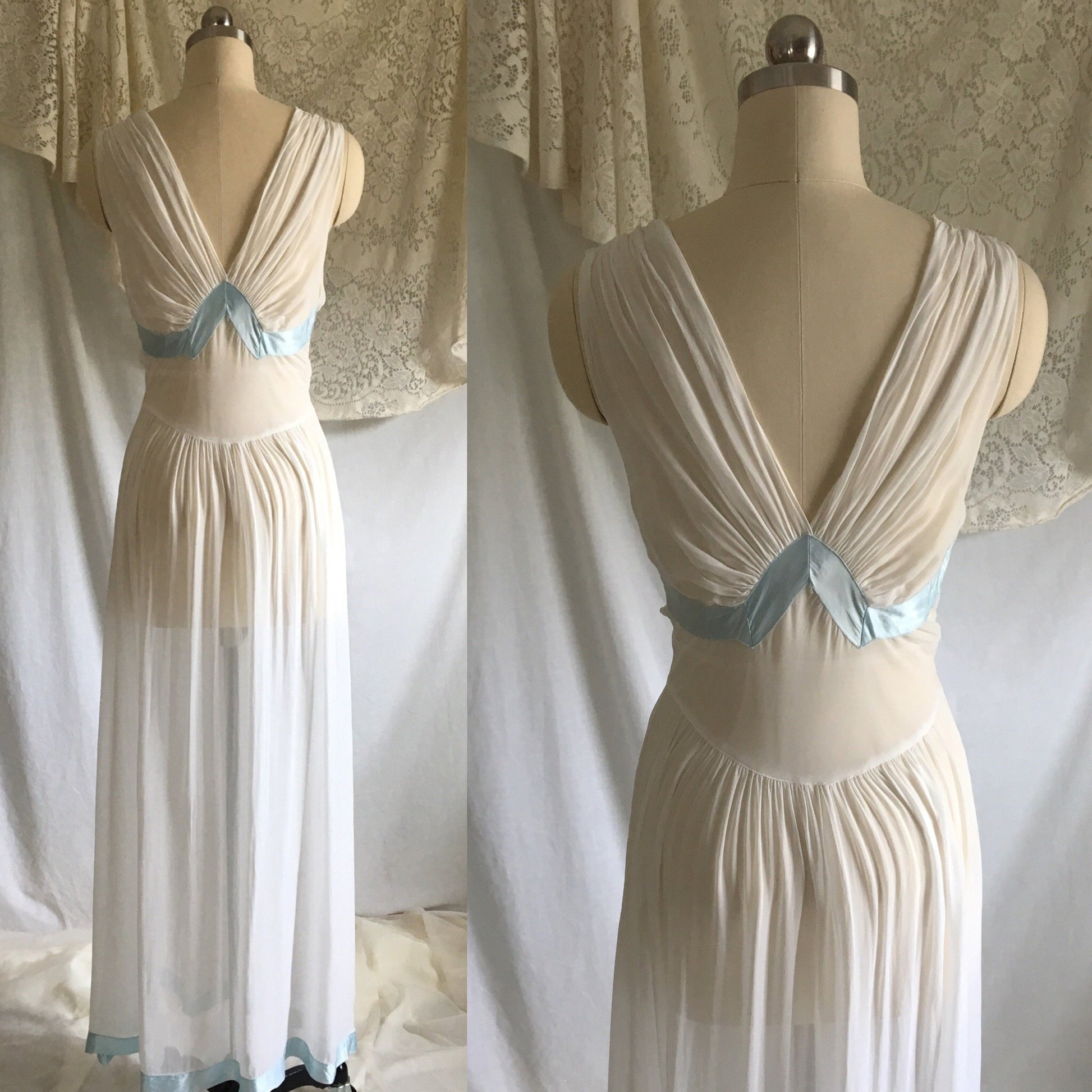 Vintage 1930's Nightgown | Sheer White Rayon Chiffon with Light Blue Satin Ribbon | Size XS, S - Daggers & Dames