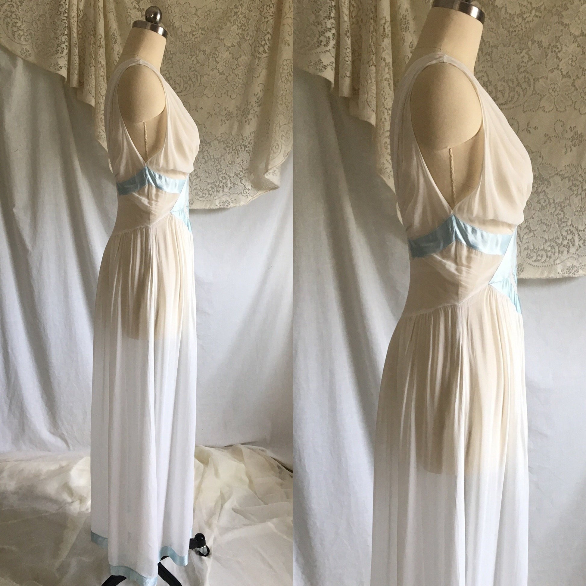 Vintage 1930's Nightgown | Sheer White Rayon Chiffon with Light Blue Satin Ribbon | Size XS, S - Daggers & Dames
