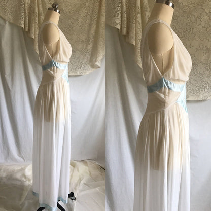 Vintage 1930's Nightgown | Sheer White Rayon Chiffon with Light Blue Satin Ribbon | Size XS, S - Daggers & Dames