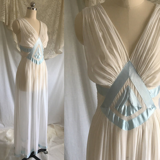 Vintage 1930's Nightgown | Sheer White Rayon Chiffon with Light Blue Satin Ribbon | Size XS, S - Daggers & Dames