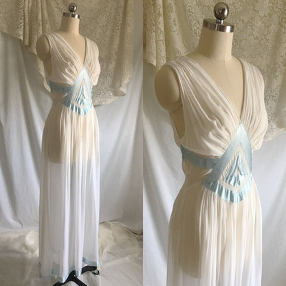 Vintage 1930's Nightgown | Sheer White Rayon Chiffon with Light Blue Satin Ribbon | Size XS, S - Daggers & Dames