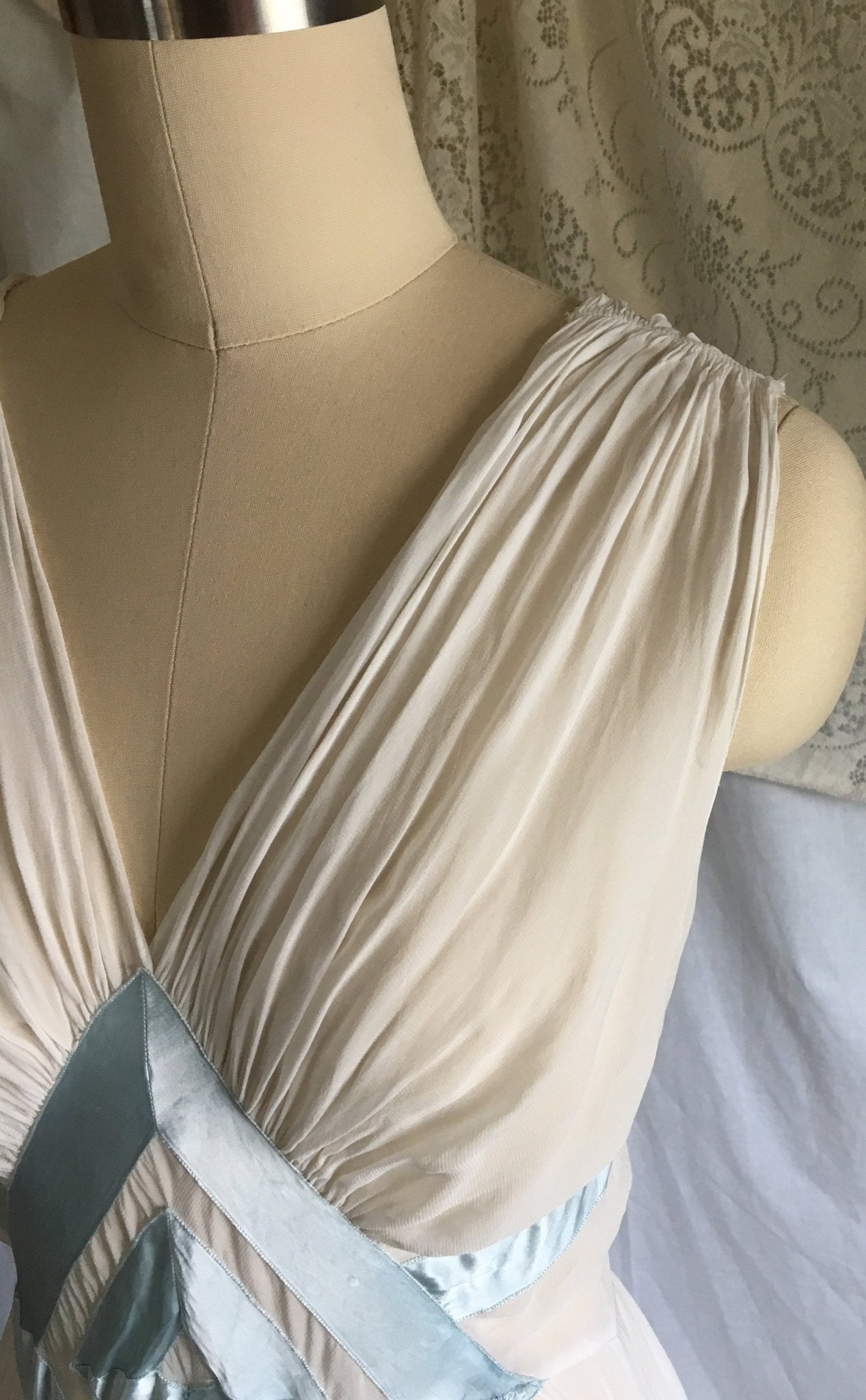 Vintage 1930's Nightgown | Sheer White Rayon Chiffon with Light Blue Satin Ribbon | Size XS, S - Daggers & Dames