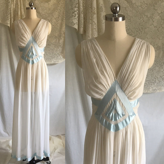 Vintage 1930's Nightgown | Sheer White Rayon Chiffon with Light Blue Satin Ribbon | Size XS, S - Daggers & Dames