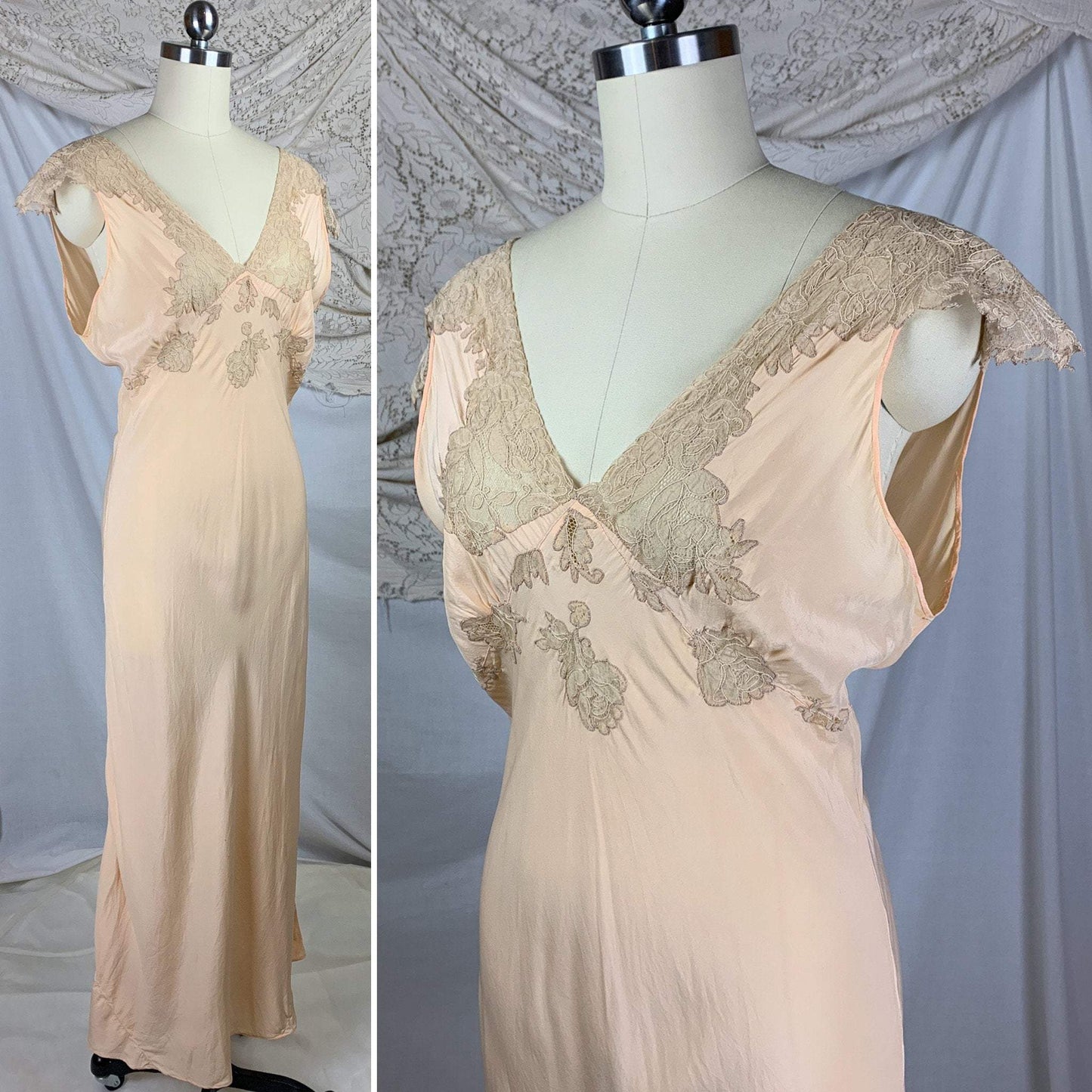Vintage 1930's Nightgown | Size SM, MED | Rich Apricot Silk with Taupe Alençon Lace - Daggers & Dames
