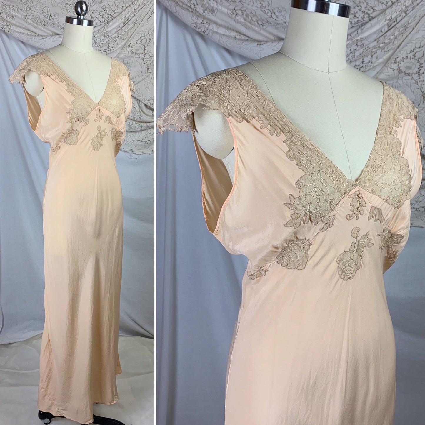 Vintage 1930's Nightgown | Size SM, MED | Rich Apricot Silk with Taupe Alençon Lace - Daggers & Dames