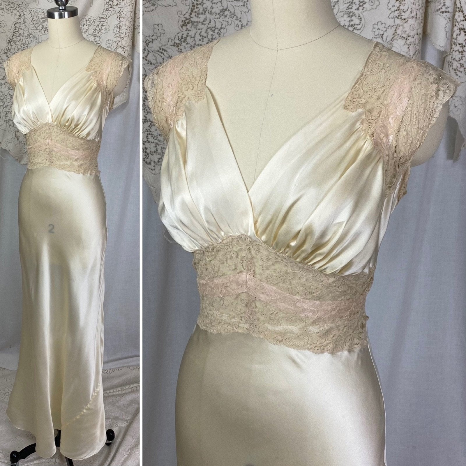Vintage 1930's Nightgown | Warm Ivory Silk with Nude Floral Lace & Ballet Pink Ribbon | Size XS | Fischer Lingerie -Never Worn - Daggers & Dames