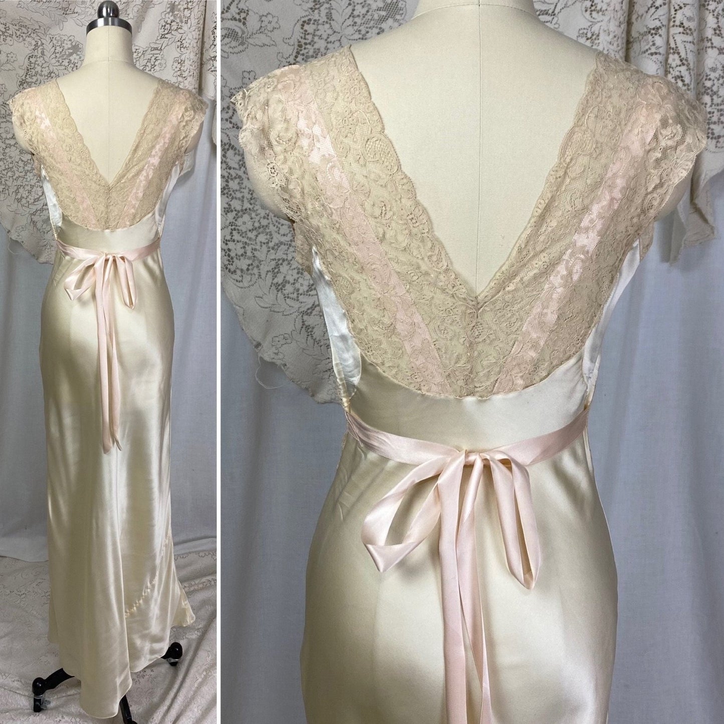 Vintage 1930's Nightgown | Warm Ivory Silk with Nude Floral Lace & Ballet Pink Ribbon | Size XS | Fischer Lingerie -Never Worn - Daggers & Dames