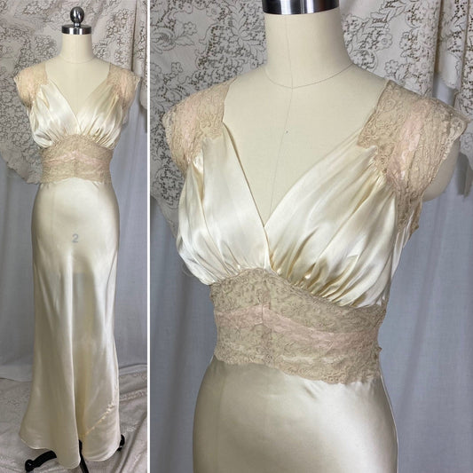 Vintage 1930's Nightgown | Warm Ivory Silk with Nude Floral Lace & Ballet Pink Ribbon | Size XS | Fischer Lingerie -Never Worn - Daggers & Dames