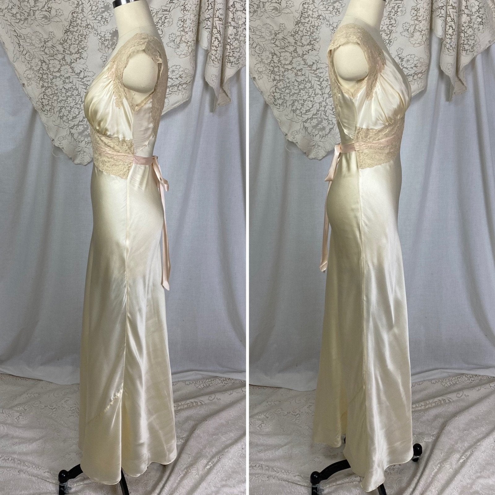 Vintage 1930's Nightgown | Warm Ivory Silk with Nude Floral Lace & Ballet Pink Ribbon | Size XS | Fischer Lingerie -Never Worn - Daggers & Dames