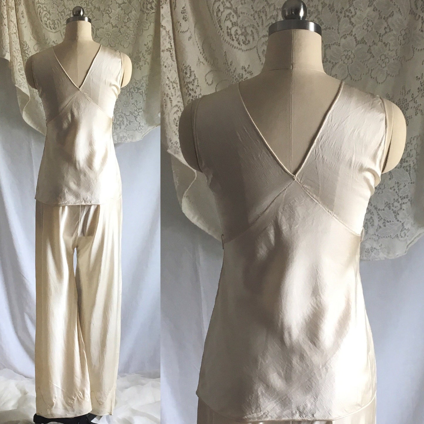 Vintage 1930's Pajama Set | Champagne Silk Charmeuse with Embroidered Chiffon | Size XXS, XS - Daggers & Dames