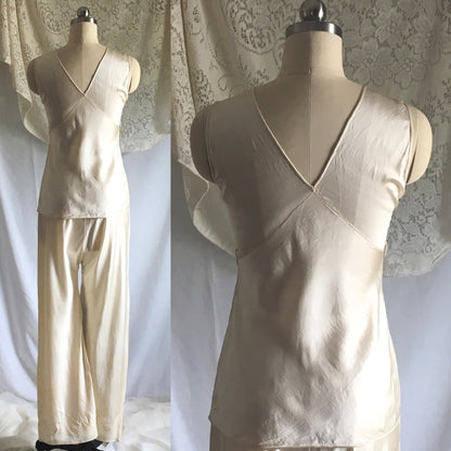 Vintage 1930's Pajama Set | Champagne Silk Charmeuse with Embroidered Chiffon | Size XXS, XS - Daggers & Dames