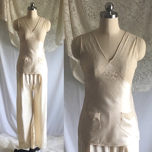 Vintage 1930's Pajama Set | Champagne Silk Charmeuse with Embroidered Chiffon | Size XXS, XS - Daggers & Dames