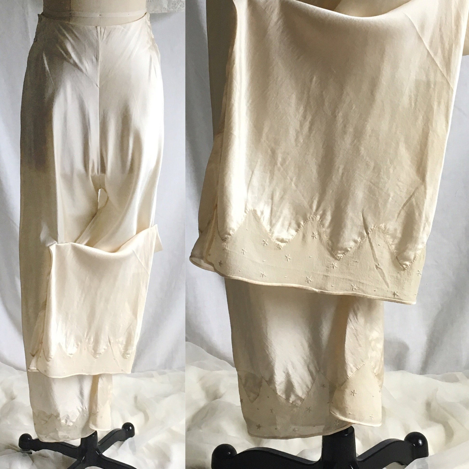 Vintage 1930's Pajama Set | Champagne Silk Charmeuse with Embroidered Chiffon | Size XXS, XS - Daggers & Dames