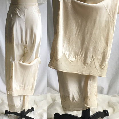 Vintage 1930's Pajama Set | Champagne Silk Charmeuse with Embroidered Chiffon | Size XXS, XS - Daggers & Dames