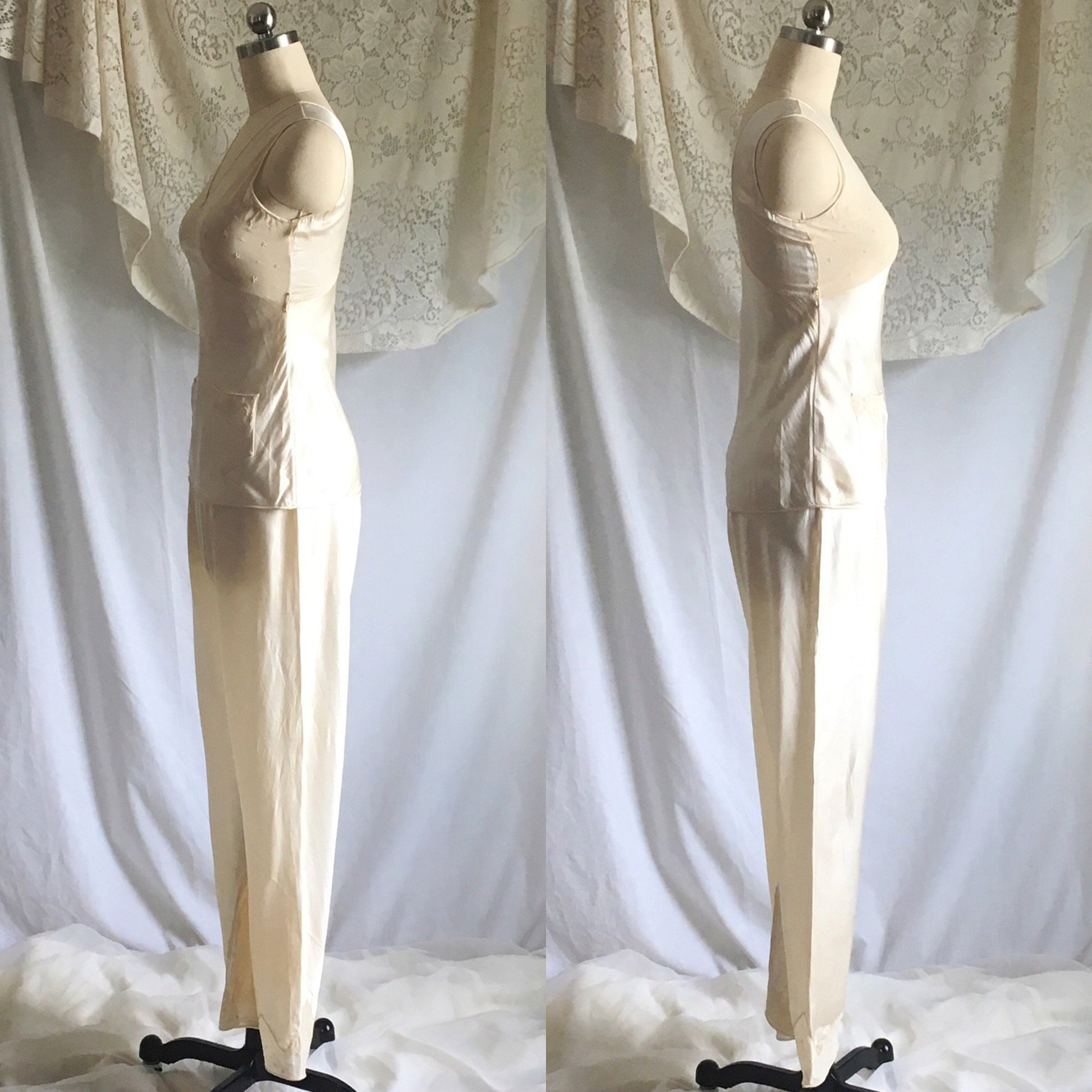 Vintage 1930's Pajama Set | Champagne Silk Charmeuse with Embroidered Chiffon | Size XXS, XS - Daggers & Dames