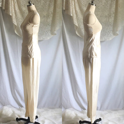 Vintage 1930's Pajama Set | Champagne Silk Charmeuse with Embroidered Chiffon | Size XXS, XS - Daggers & Dames