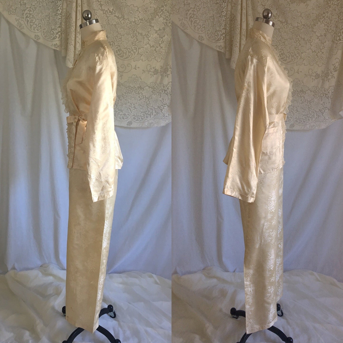 Vintage 1930's Pajama Set | Champagne Silk Damask with Mandarin Collar & Chiffon Ruffles | Size M, LG - Daggers & Dames