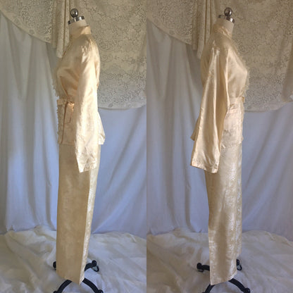 Vintage 1930's Pajama Set | Champagne Silk Damask with Mandarin Collar & Chiffon Ruffles | Size M, LG - Daggers & Dames