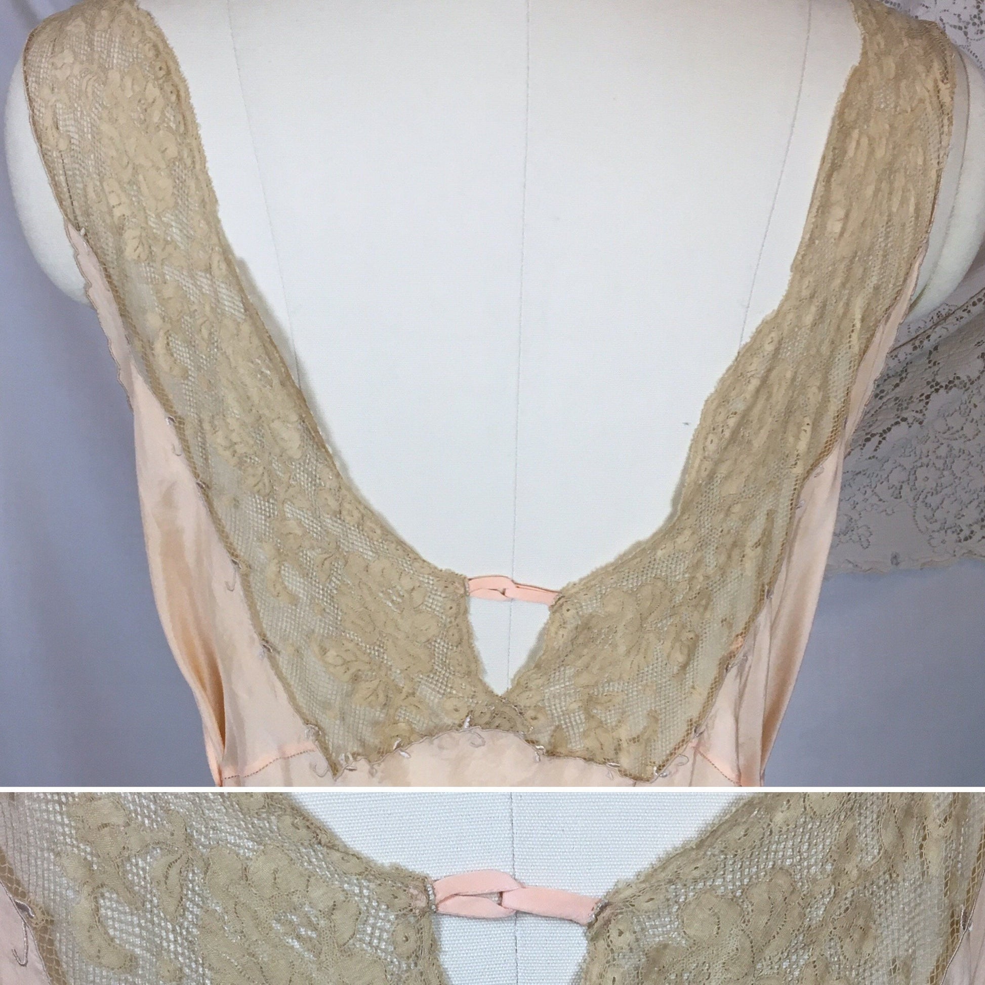 Vintage 1930's Pajama Set | Hand Sewn Sheer Peach Silk with Raw Sienna Chantilly Lace & Hand Embroidery | NRA Label | Size SM - Daggers & Dames
