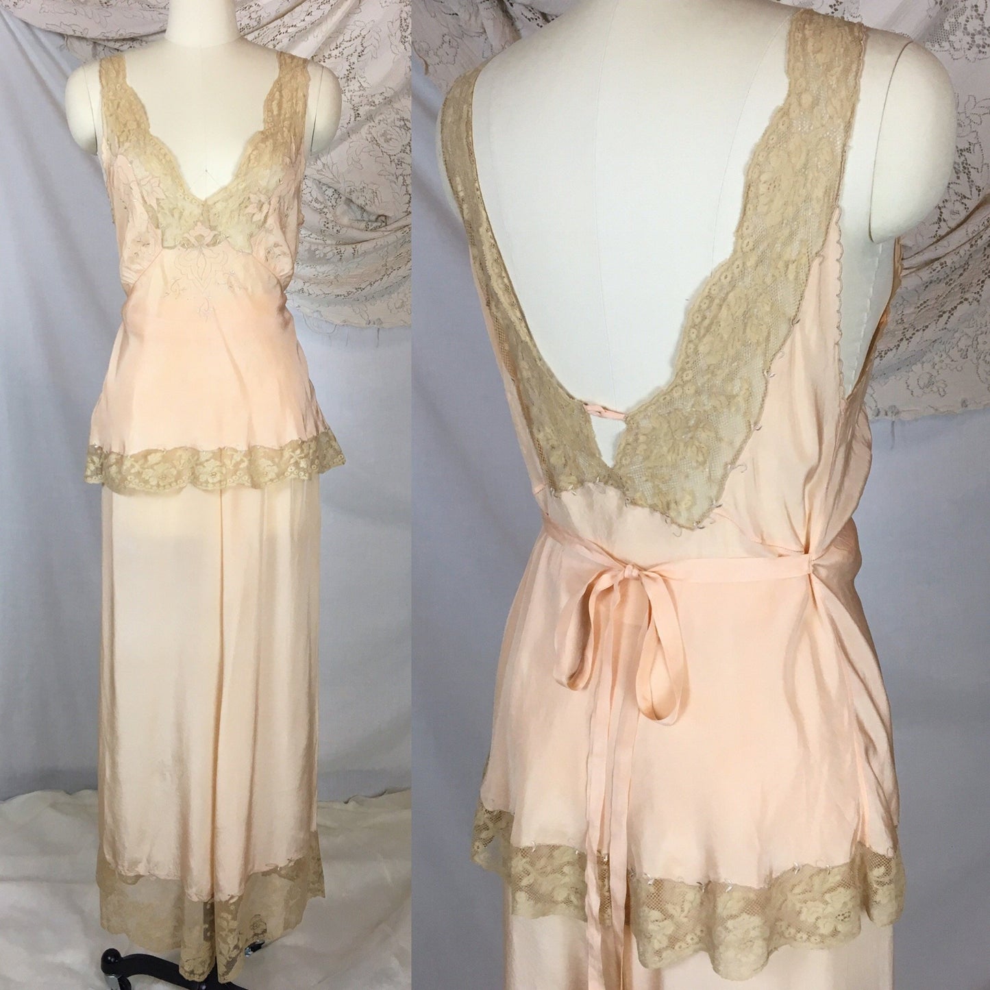Vintage 1930's Pajama Set | Hand Sewn Sheer Peach Silk with Raw Sienna Chantilly Lace & Hand Embroidery | NRA Label | Size SM - Daggers & Dames