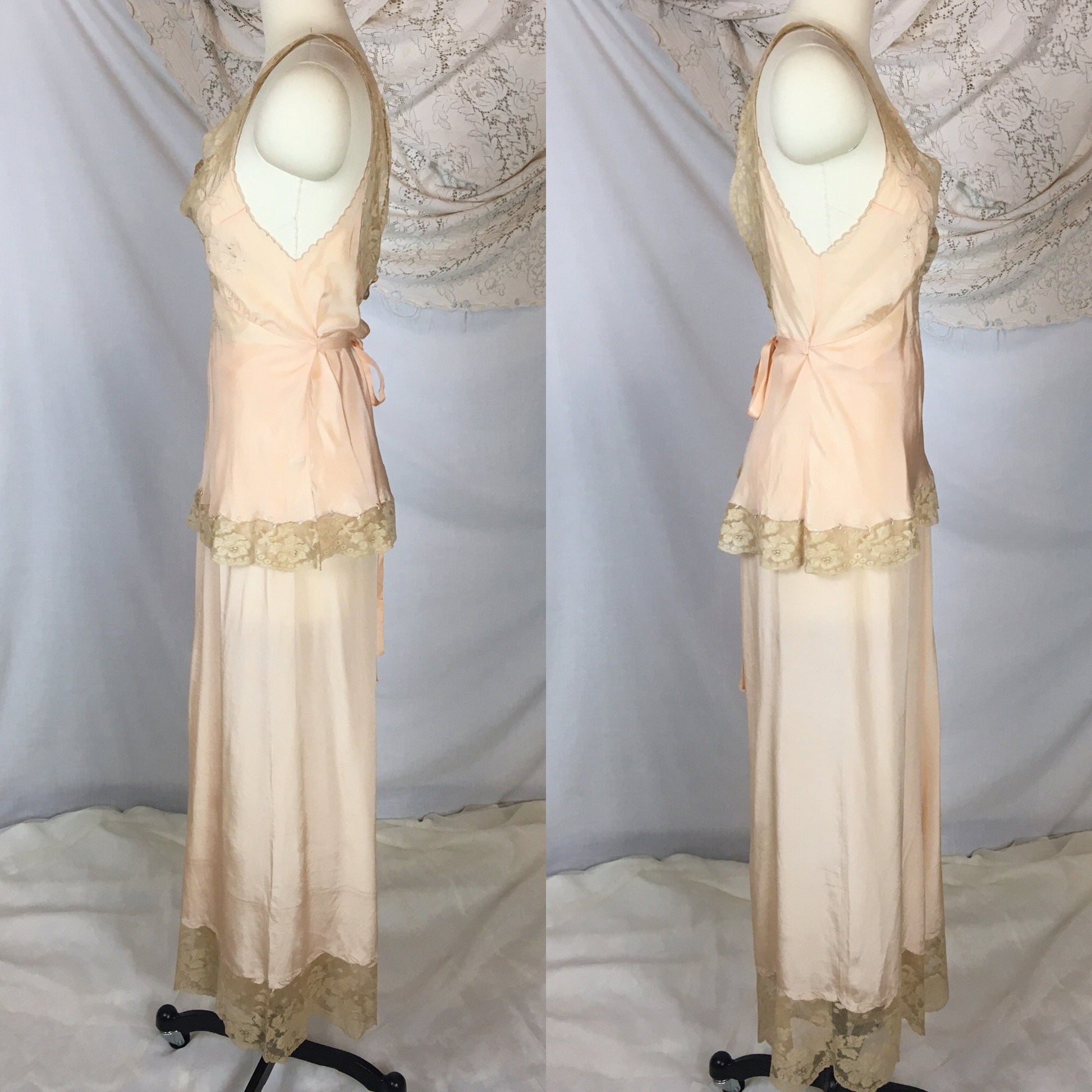 Vintage 1930's Pajama Set | Hand Sewn Sheer Peach Silk with Raw Sienna Chantilly Lace & Hand Embroidery | NRA Label | Size SM - Daggers & Dames