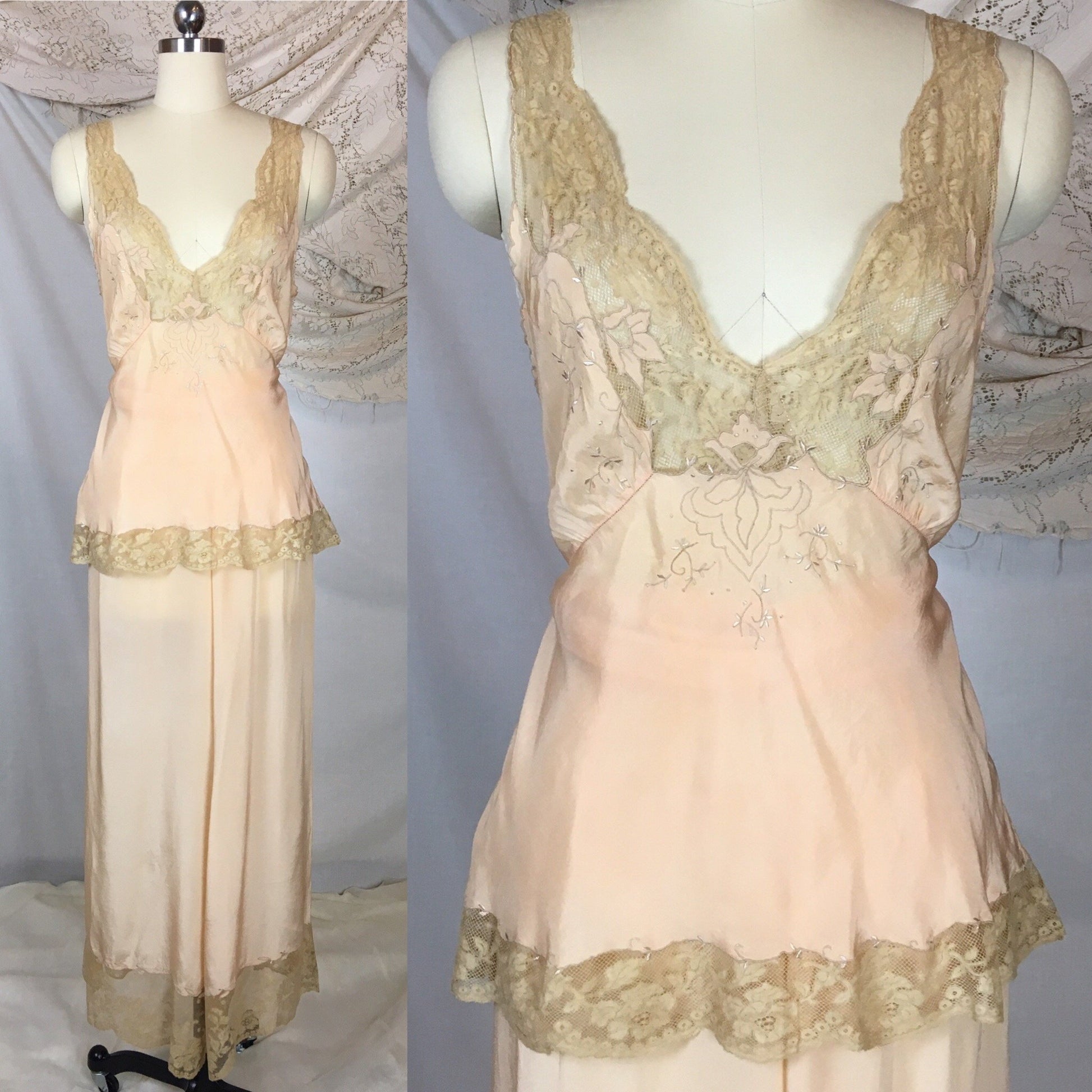 Vintage 1930's Pajama Set | Hand Sewn Sheer Peach Silk with Raw Sienna Chantilly Lace & Hand Embroidery | NRA Label | Size SM - Daggers & Dames