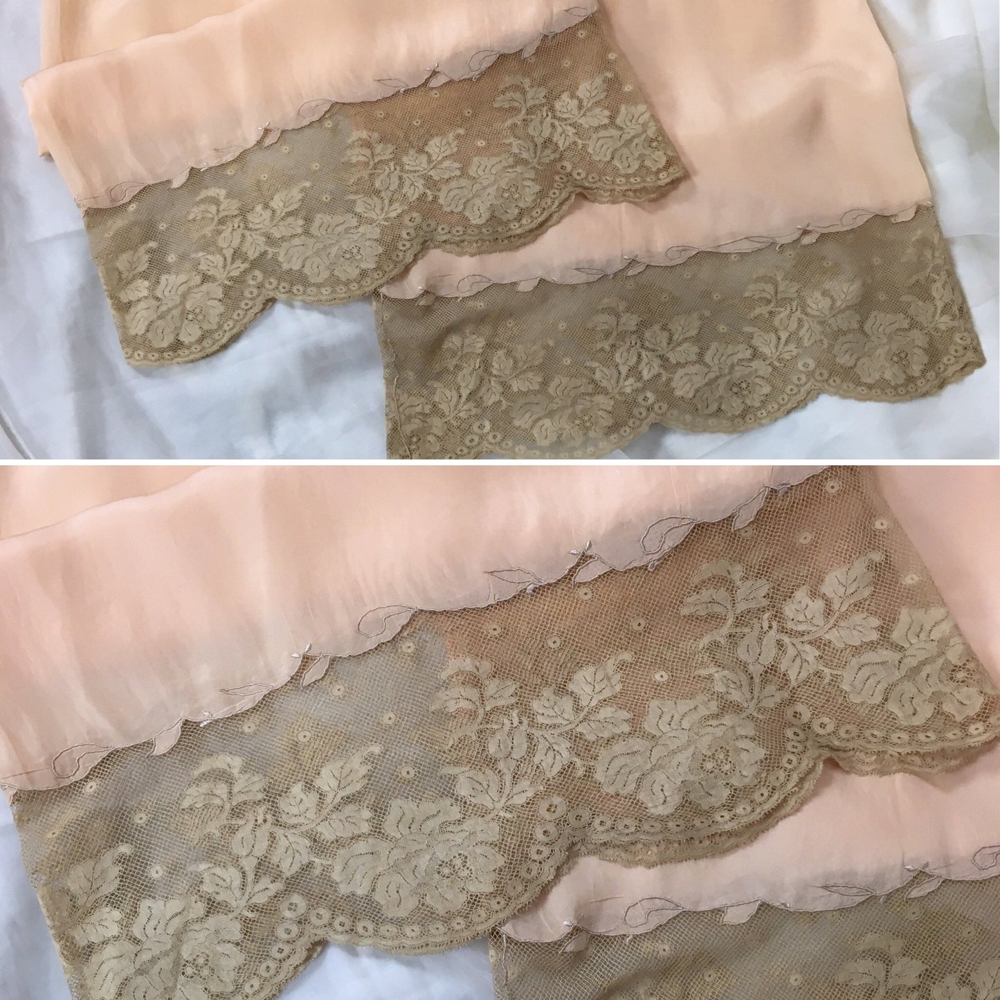 Vintage 1930's Pajama Set | Hand Sewn Sheer Peach Silk with Raw Sienna Chantilly Lace & Hand Embroidery | NRA Label | Size SM - Daggers & Dames