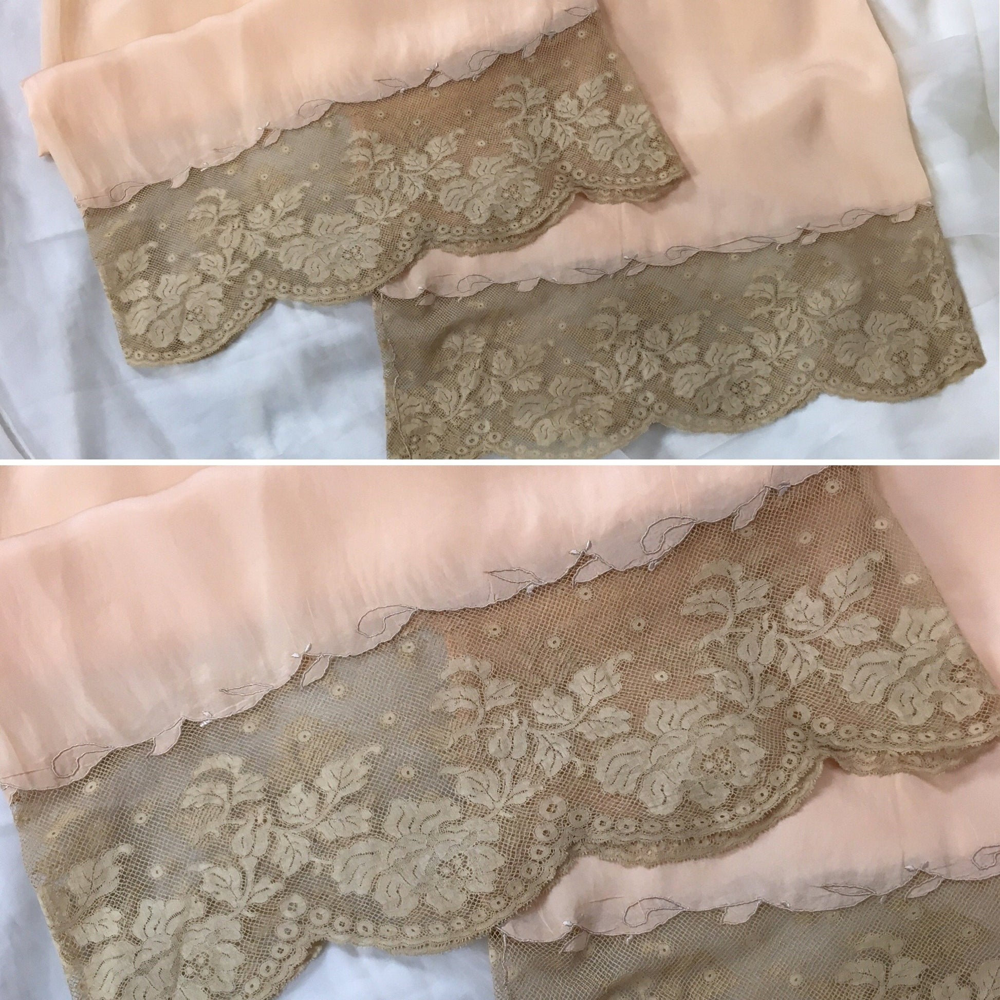 Vintage 1930's Pajama Set | Hand Sewn Sheer Peach Silk with Raw Sienna Chantilly Lace & Hand Embroidery | NRA Label | Size SM - Daggers & Dames