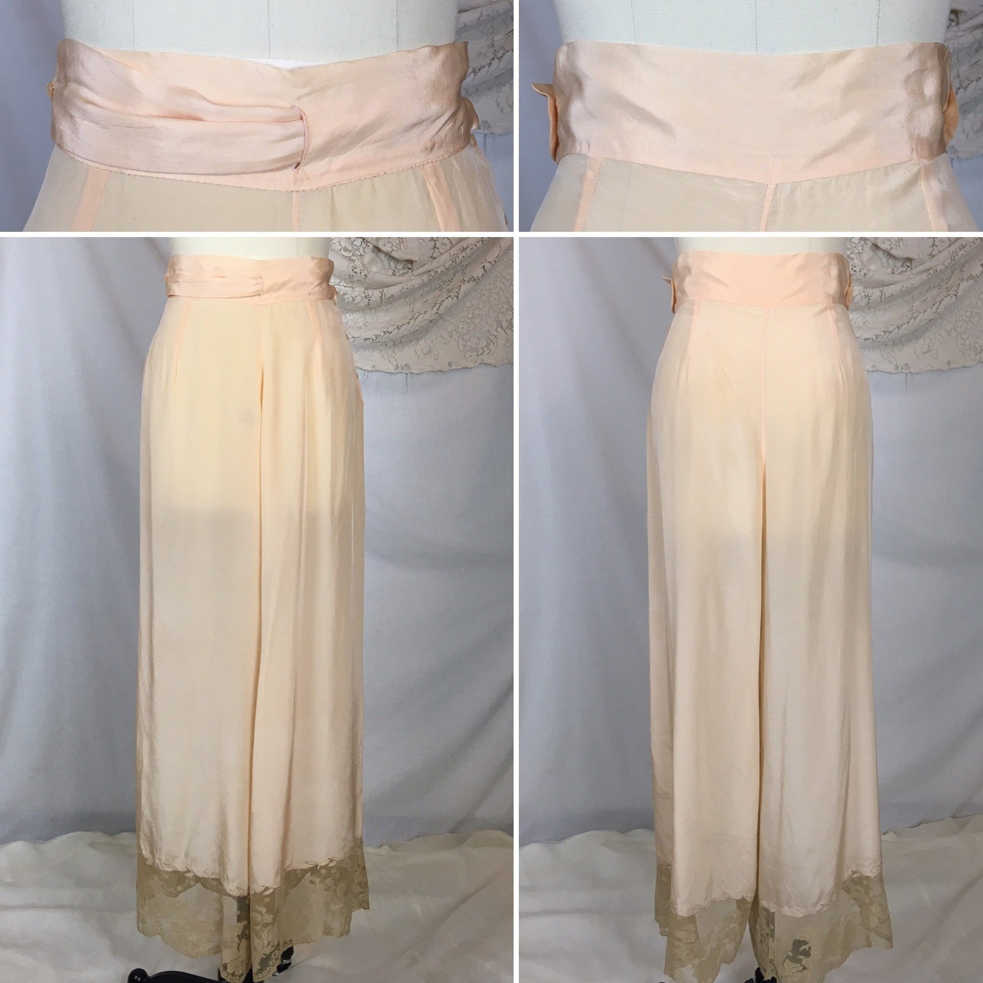 Vintage 1930's Pajama Set | Hand Sewn Sheer Peach Silk with Raw Sienna Chantilly Lace & Hand Embroidery | NRA Label | Size SM - Daggers & Dames