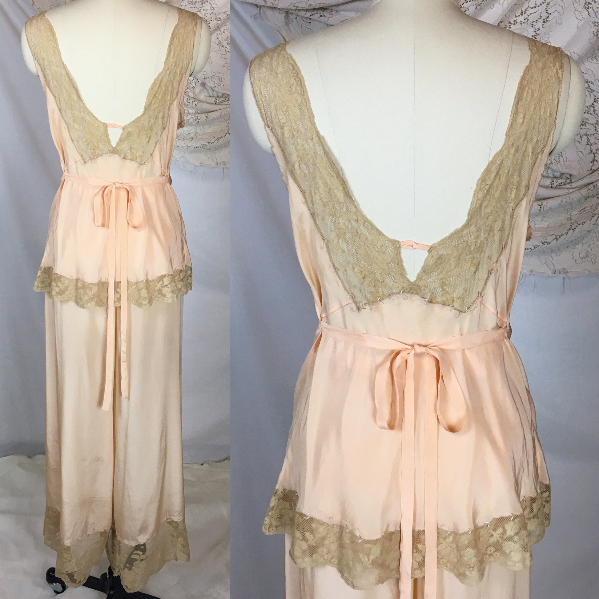 Vintage 1930's Pajama Set | Hand Sewn Sheer Peach Silk with Raw Sienna Chantilly Lace & Hand Embroidery | NRA Label | Size SM - Daggers & Dames