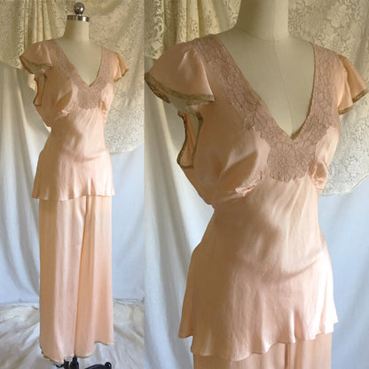 Vintage 1930's Pajama Set | Rose Gold Pink Silk with Blush Alençon Lace | Size XLG - Daggers & Dames