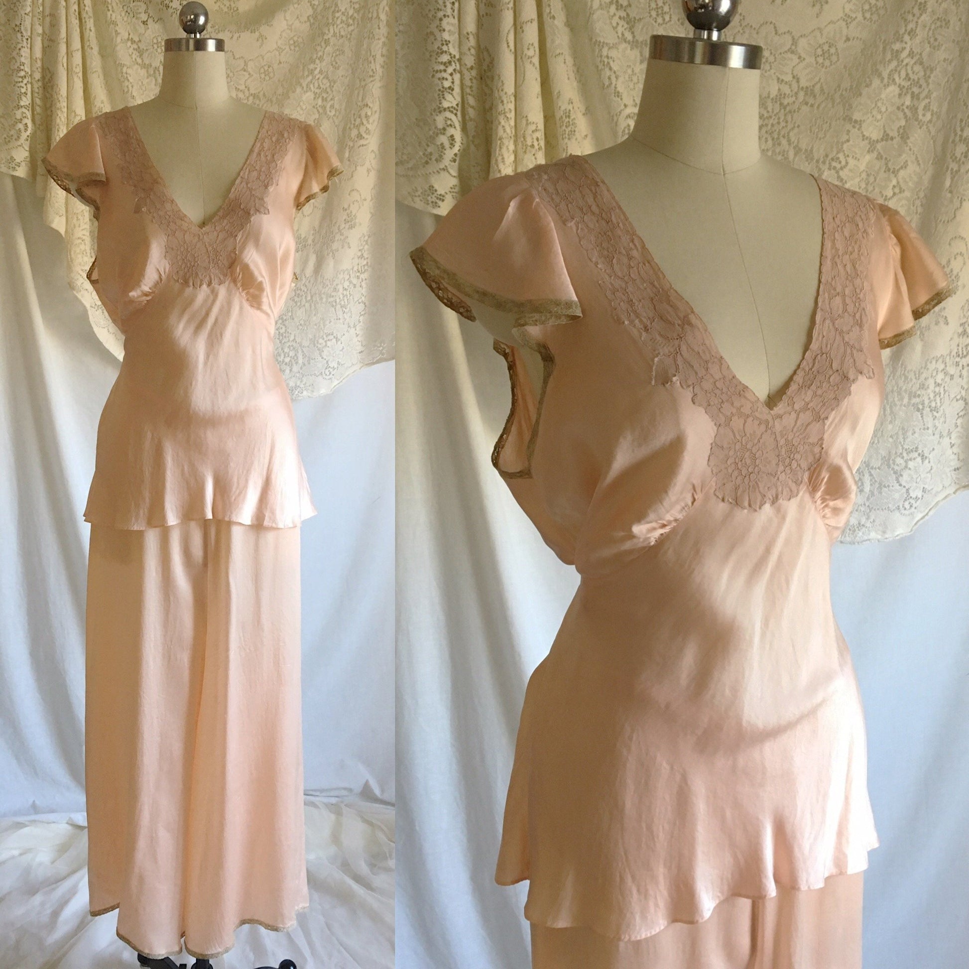 Vintage 1930's Pajama Set | Rose Gold Pink Silk with Blush Alençon Lace | Size XLG - Daggers & Dames