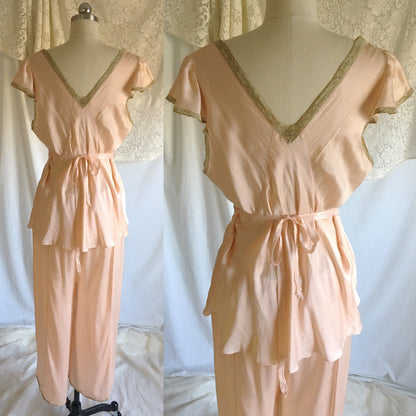Vintage 1930's Pajama Set | Rose Gold Pink Silk with Blush Alençon Lace | Size XLG - Daggers & Dames