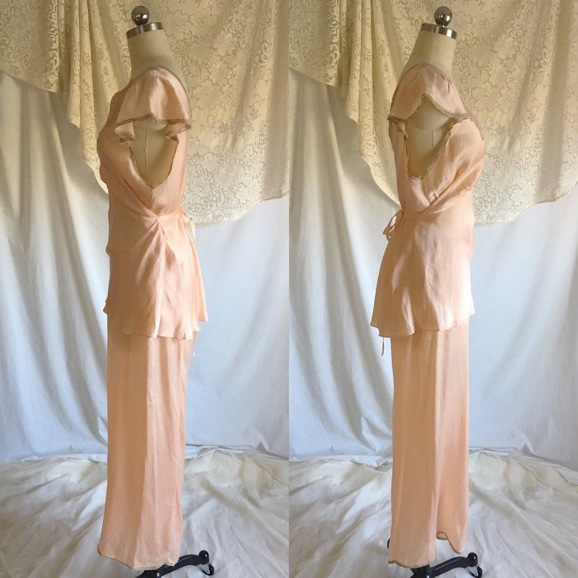 Vintage 1930's Pajama Set | Rose Gold Pink Silk with Blush Alençon Lace | Size XLG - Daggers & Dames