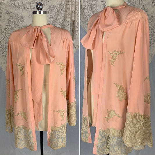Vintage 1930's Peignoir | Rich Rose Pink Silk Crepe with Tambour Lace Embroidery & Pussy Bow | Size Free - Daggers & Dames