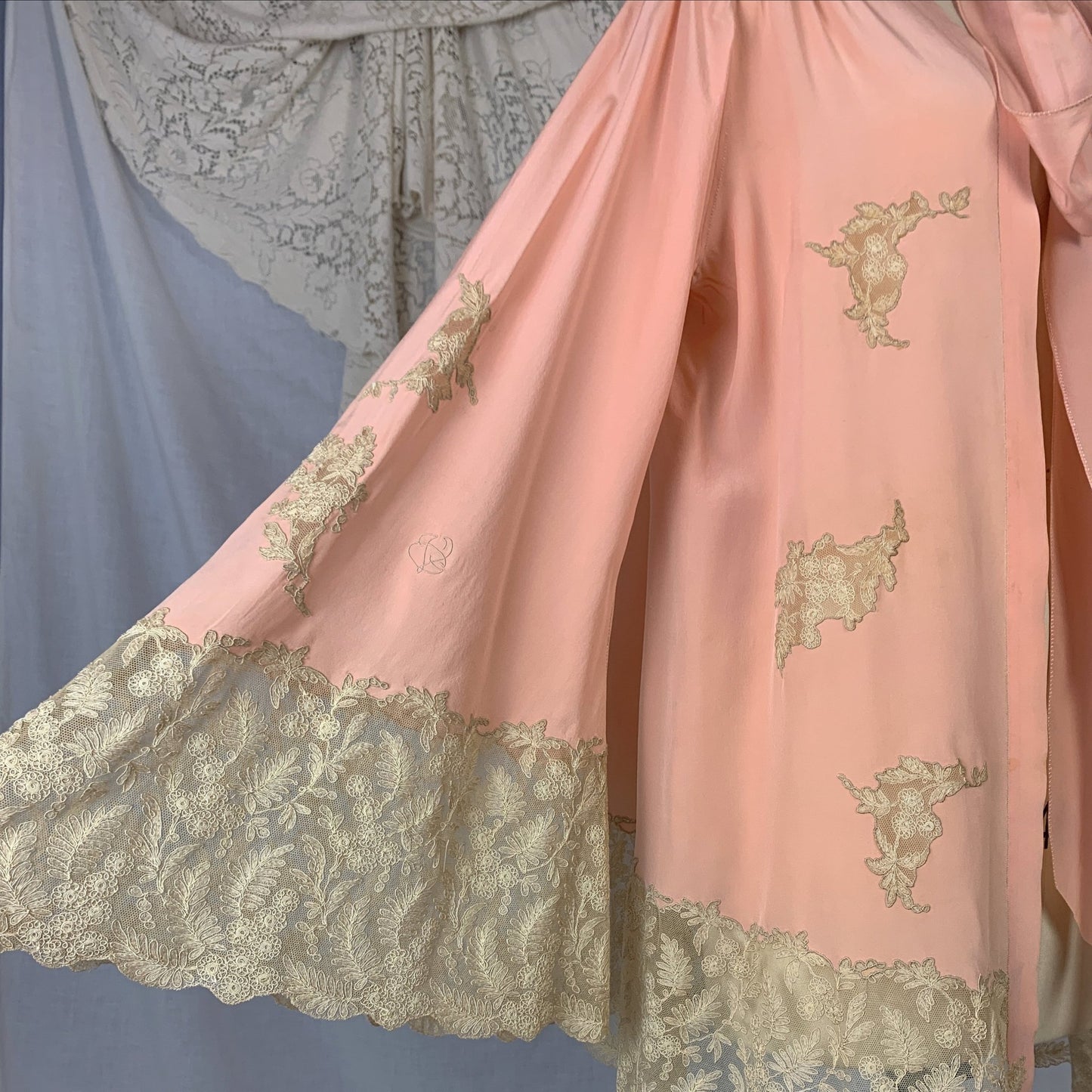 Vintage 1930's Peignoir | Rich Rose Pink Silk Crepe with Tambour Lace Embroidery & Pussy Bow | Size Free - Daggers & Dames
