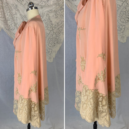 Vintage 1930's Peignoir | Rich Rose Pink Silk Crepe with Tambour Lace Embroidery & Pussy Bow | Size Free - Daggers & Dames