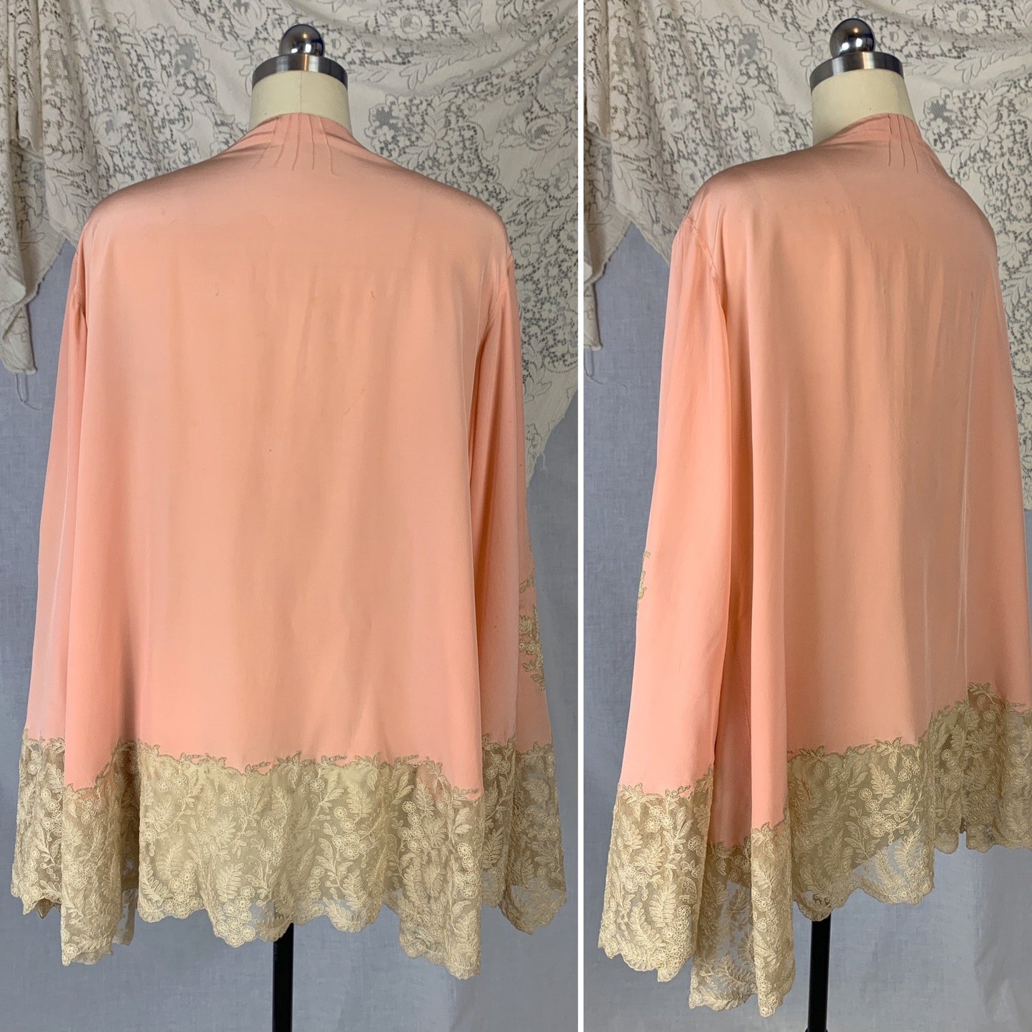 Vintage 1930's Peignoir | Rich Rose Pink Silk Crepe with Tambour Lace Embroidery & Pussy Bow | Size Free - Daggers & Dames
