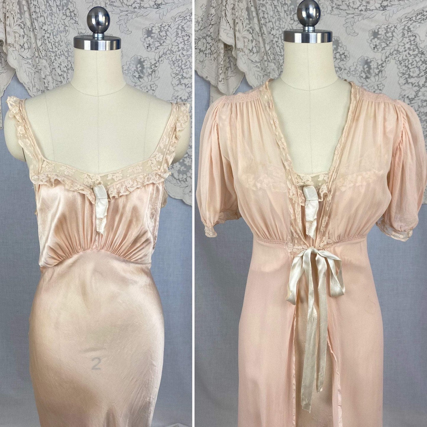 Vintage 1930's Peignoir Set | Dusty Rose Silk Gown with Ivory Floral Lace & Chiffon Dressing Robe | Size S, M | Wonder Maid - Daggers & Dames