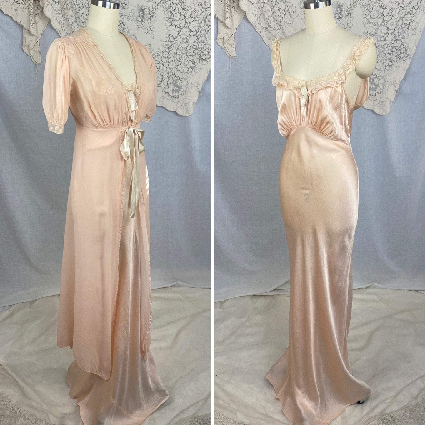 Vintage 1930's Peignoir Set | Dusty Rose Silk Gown with Ivory Floral Lace & Chiffon Dressing Robe | Size S, M | Wonder Maid - Daggers & Dames