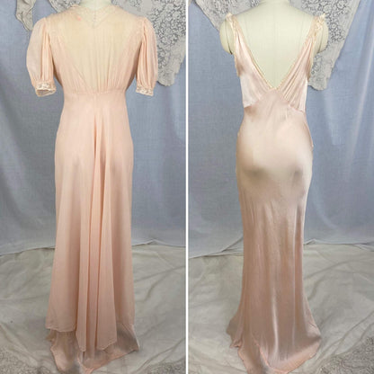 Vintage 1930's Peignoir Set | Dusty Rose Silk Gown with Ivory Floral Lace & Chiffon Dressing Robe | Size S, M | Wonder Maid - Daggers & Dames