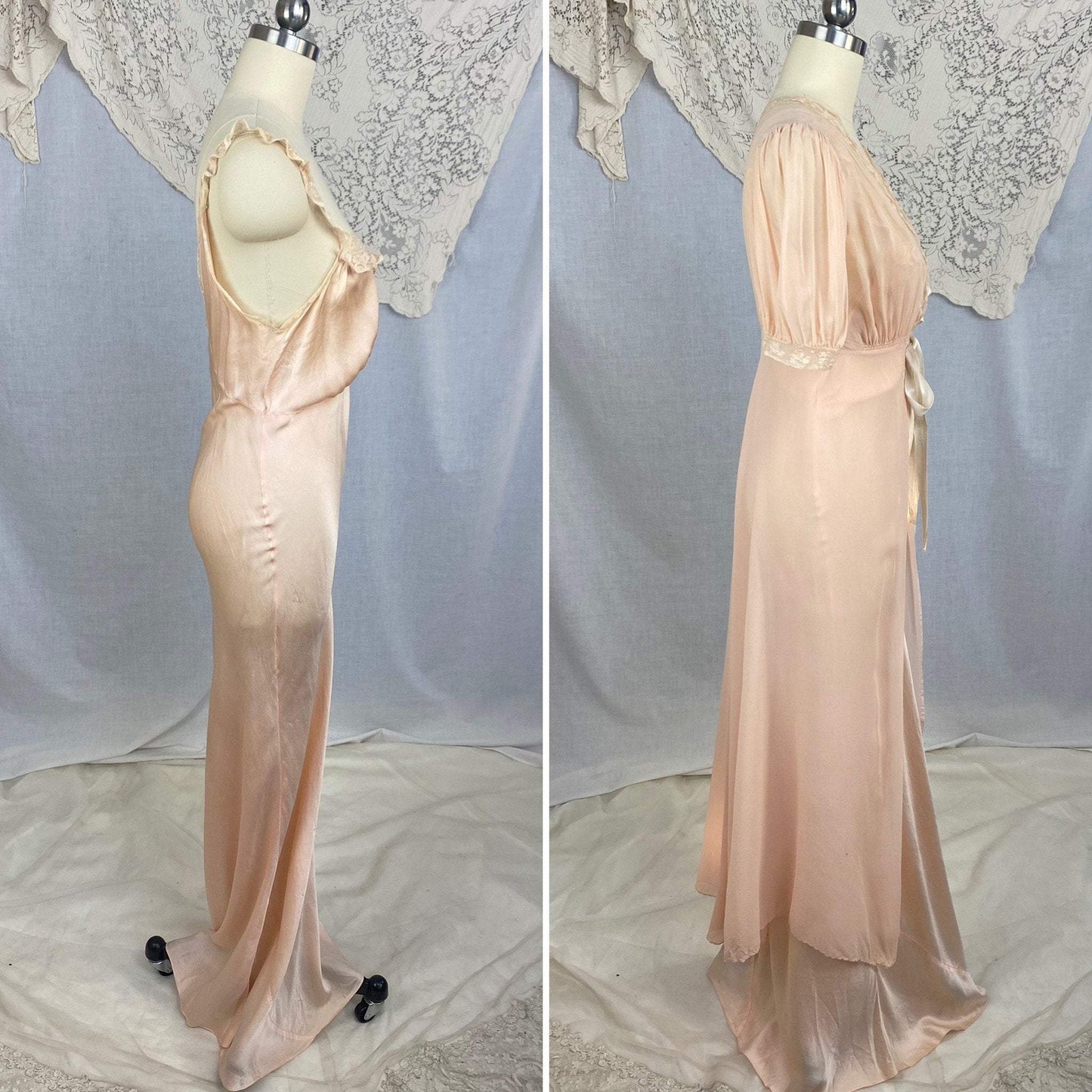 Vintage 1930's Peignoir Set | Dusty Rose Silk Gown with Ivory Floral Lace & Chiffon Dressing Robe | Size S, M | Wonder Maid - Daggers & Dames