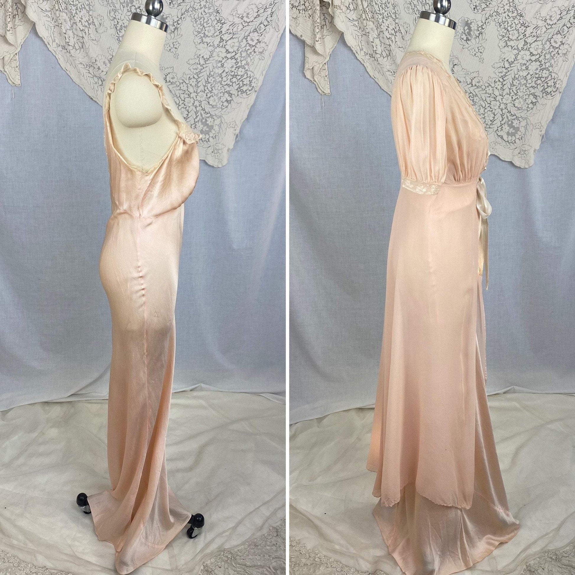 Vintage 1930's Peignoir Set | Dusty Rose Silk Gown with Ivory Floral Lace & Chiffon Dressing Robe | Size S, M | Wonder Maid - Daggers & Dames