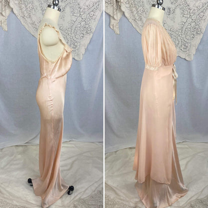 Vintage 1930's Peignoir Set | Dusty Rose Silk Gown with Ivory Floral Lace & Chiffon Dressing Robe | Size S, M | Wonder Maid - Daggers & Dames