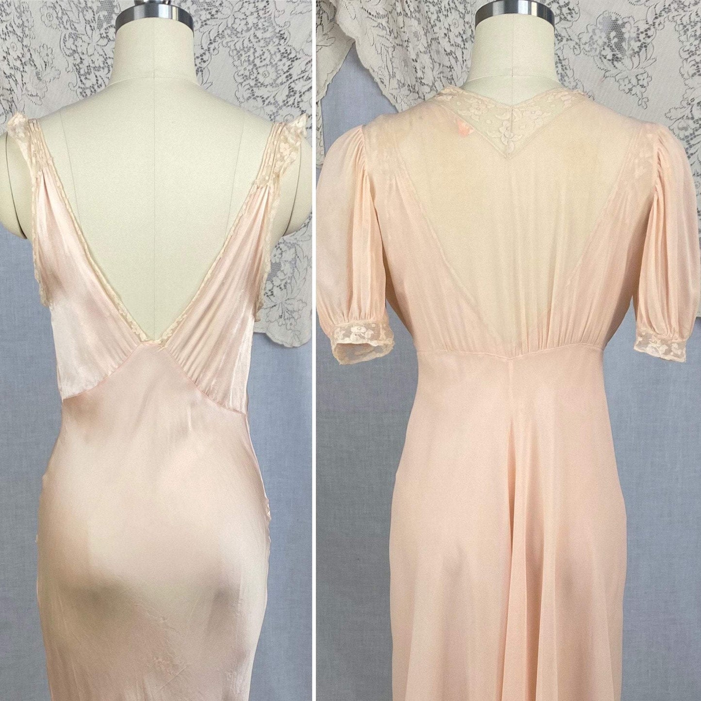 Vintage 1930's Peignoir Set | Dusty Rose Silk Gown with Ivory Floral Lace & Chiffon Dressing Robe | Size S, M | Wonder Maid - Daggers & Dames