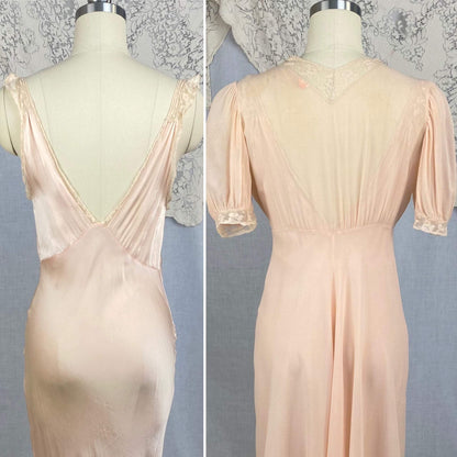 Vintage 1930's Peignoir Set | Dusty Rose Silk Gown with Ivory Floral Lace & Chiffon Dressing Robe | Size S, M | Wonder Maid - Daggers & Dames