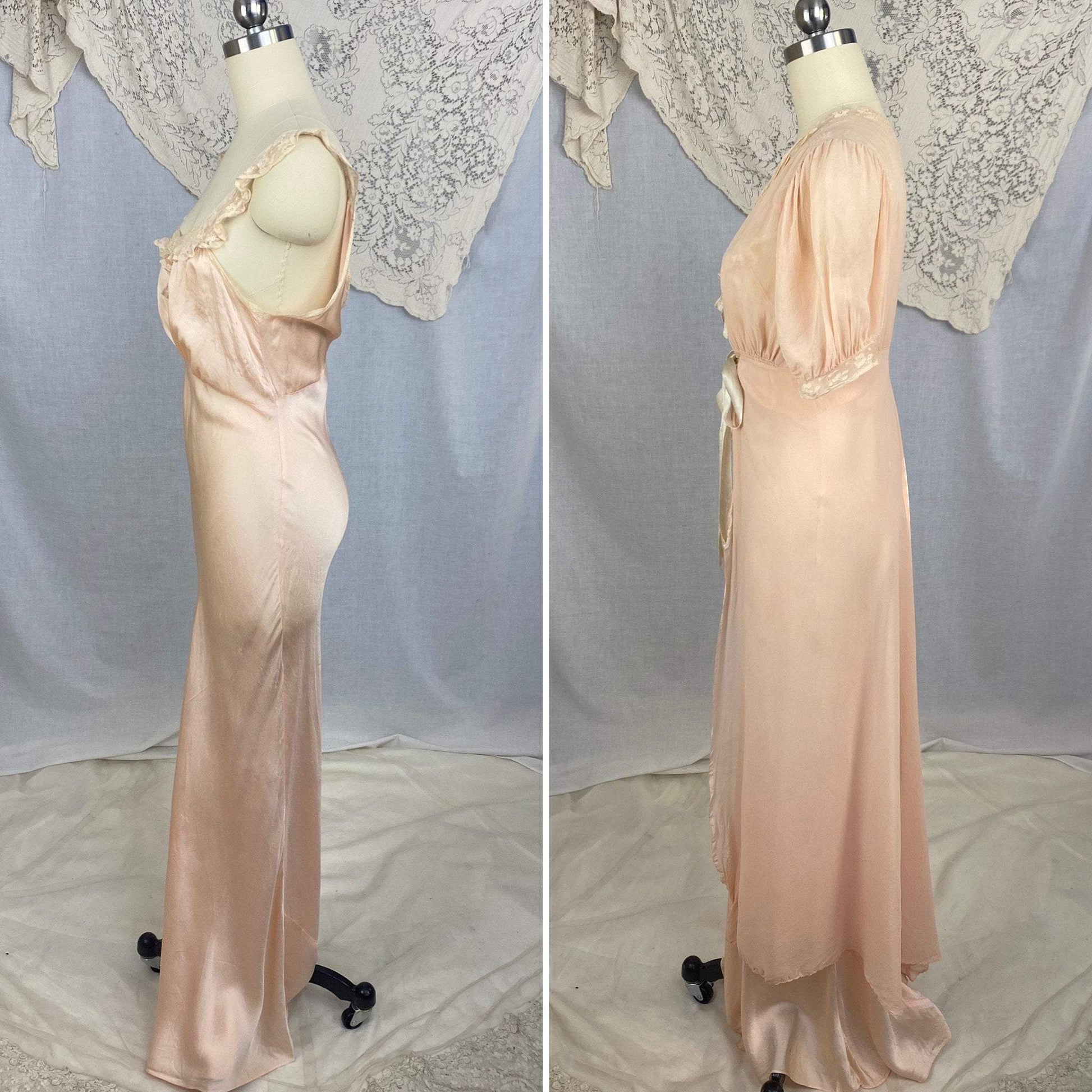 Vintage 1930's Peignoir Set | Dusty Rose Silk Gown with Ivory Floral Lace & Chiffon Dressing Robe | Size S, M | Wonder Maid - Daggers & Dames